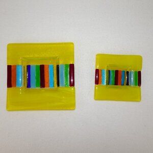 Fused Glass Square Ashtray Trinket Dish Candy Yellow Rainbow Striped SET of 2